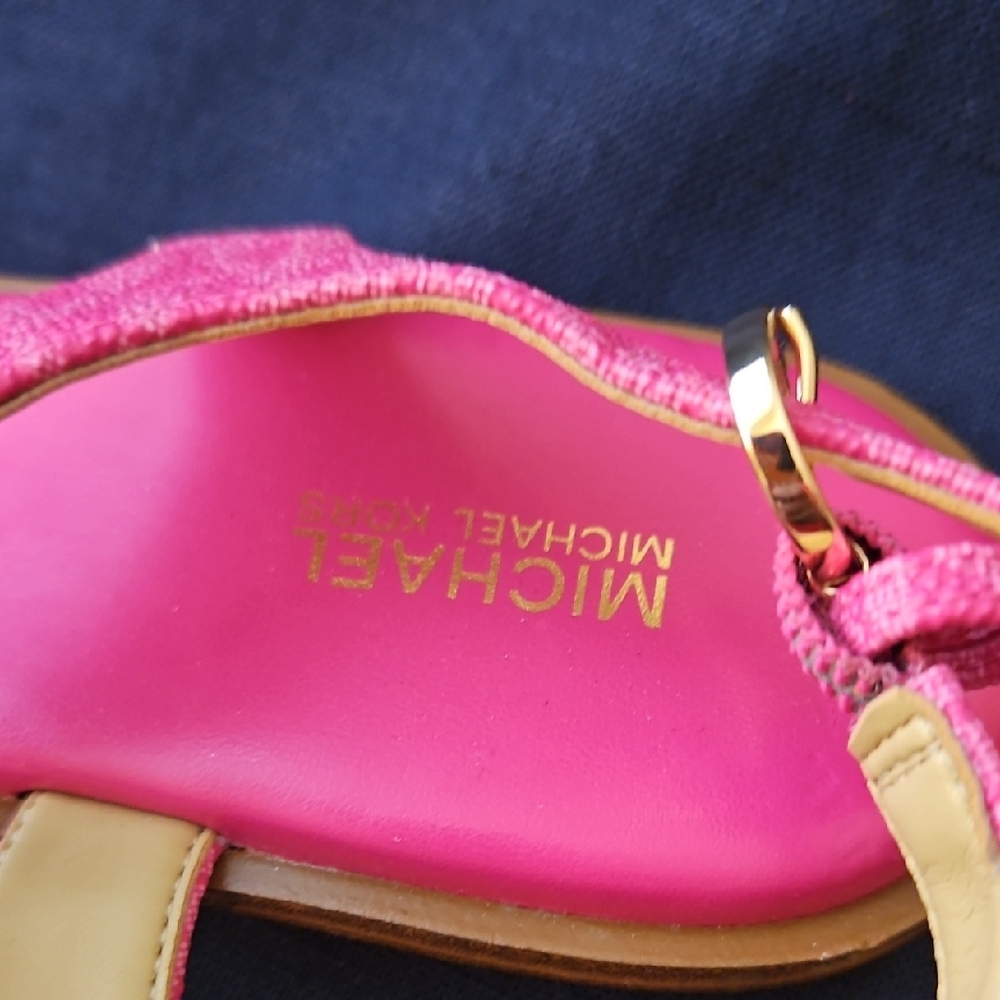 Michael Kors Coral Pink T-Strap Sandals with Gold Accents - Picture 5 of 7